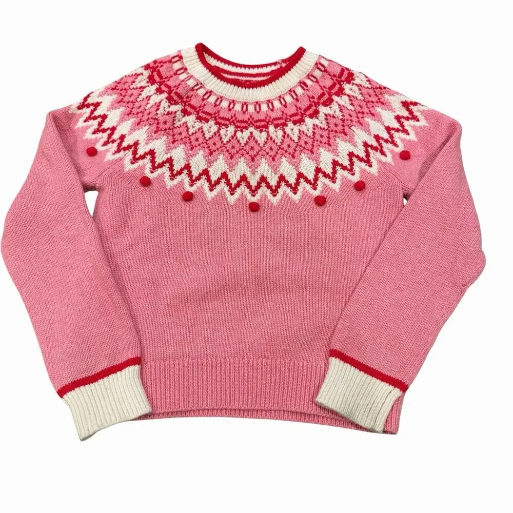 Boden Girls Wool Blend Fair Isle Pink White Red Pom Pom Crew Neck Sweater 6-7